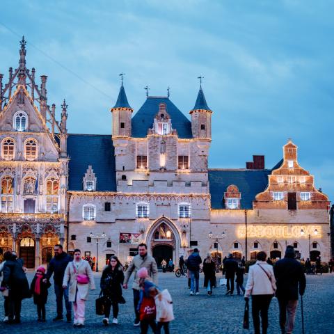 Mensen die rondwandelen in de avond aan een verlicht stadhuis op de Grote Markt.